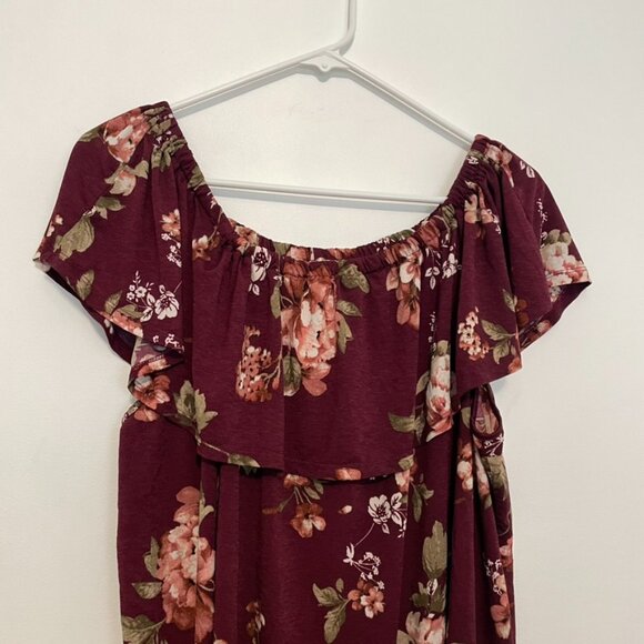 LAVISH Plus Size Burgundy Maroon Red Floral Off the Shoulder Boho Blouse JUNIORS - Picture 2 of 11